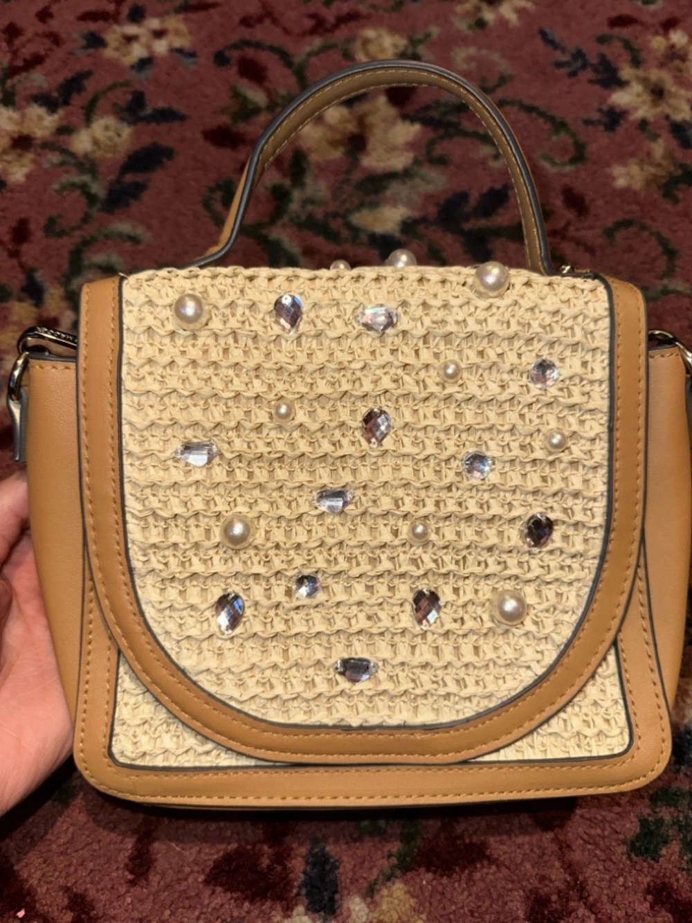 Steve Madden Embellished Straw Top-Handle Bag in Light Beige and Tan